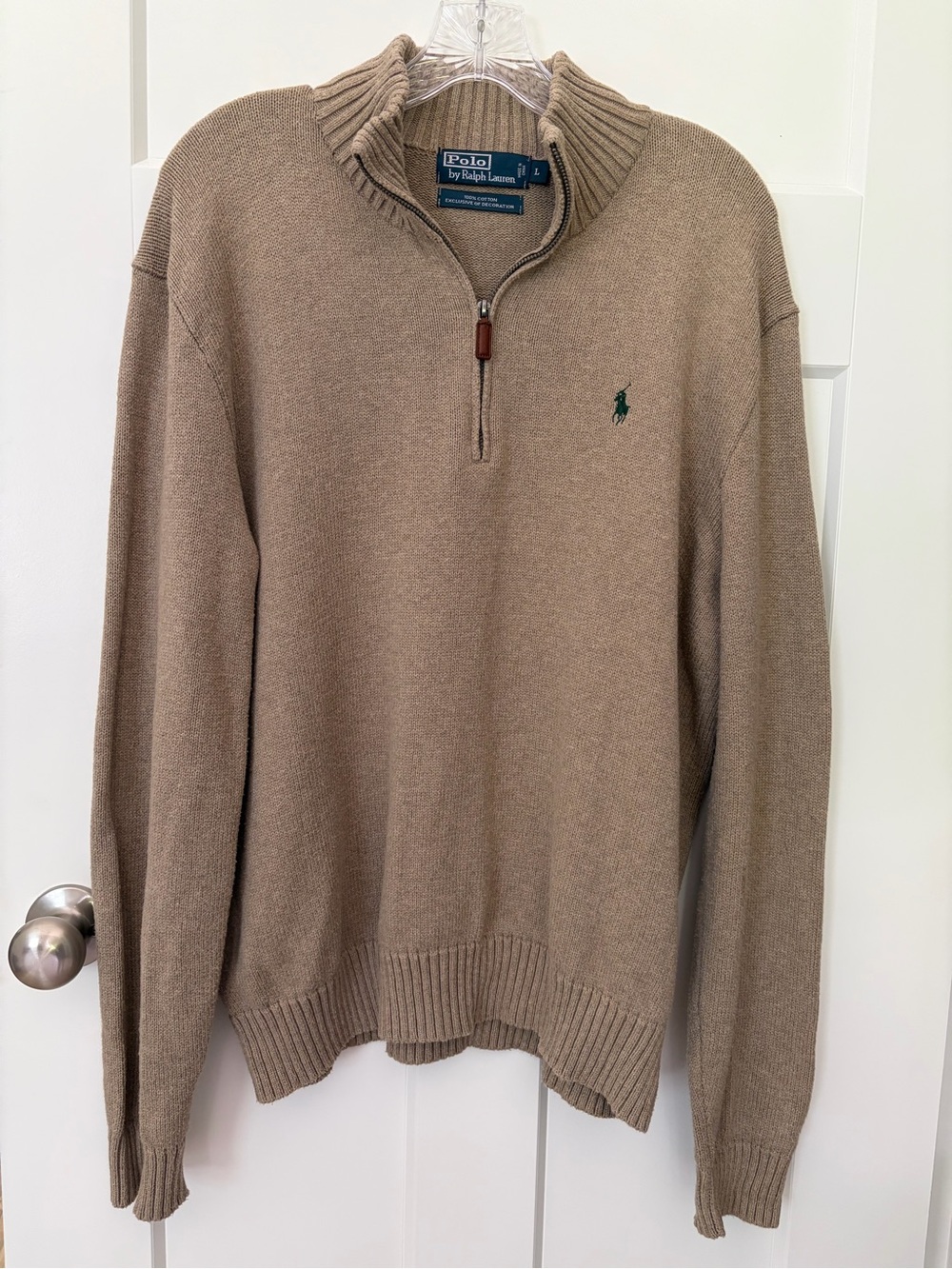 Polo Ralph Lauren Mens L Quarter Zip Sweater Tan Beige 100% Cotton Green Pony